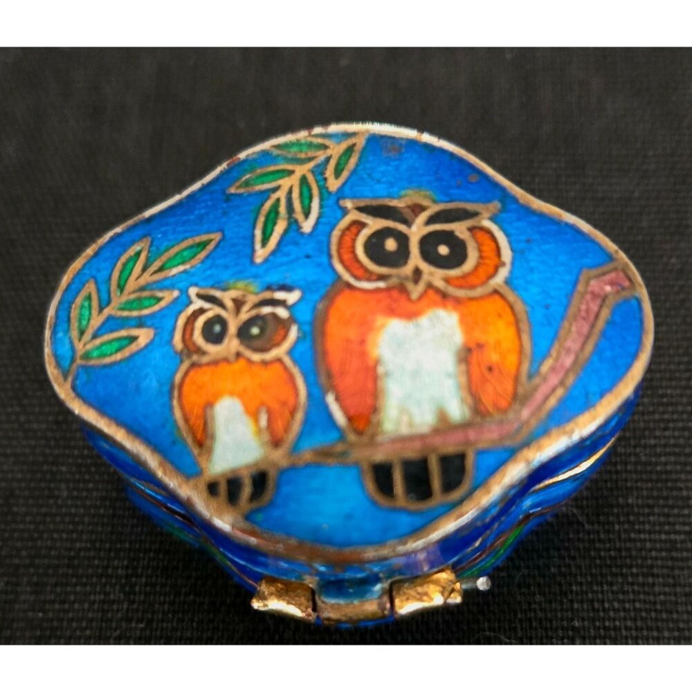 Vintage Cloisonné Enamel Trinket Box With Owl Design Blue & Gold Hinged Lid & He